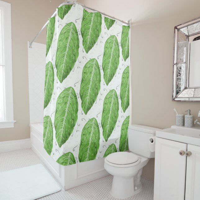 Green Leaf Pattern Botanical Shower Curtain (In Situ)