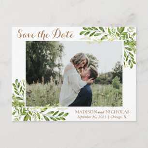 Green Leaf Photo Wedding Save The Date Postcard