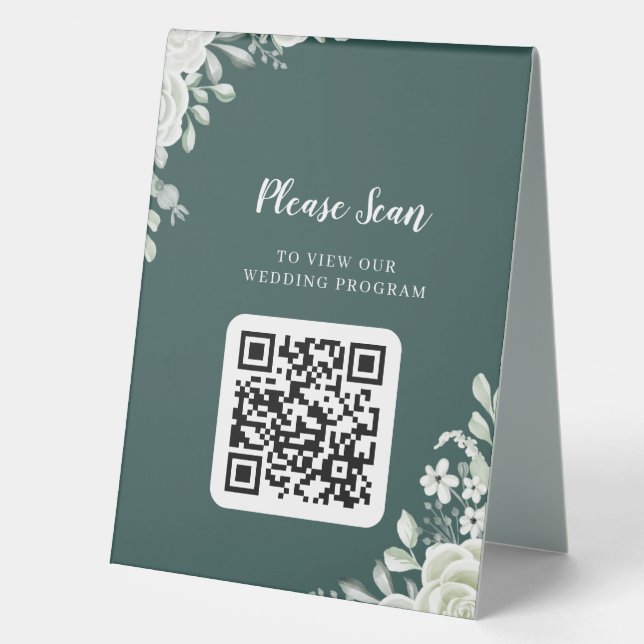 Green Leaf QR Code Wedding Table Tent Sign (Front)
