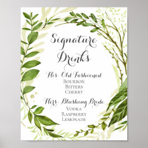 Green Leaf Signature Drinks Cocktail Sign, Rustic Poster