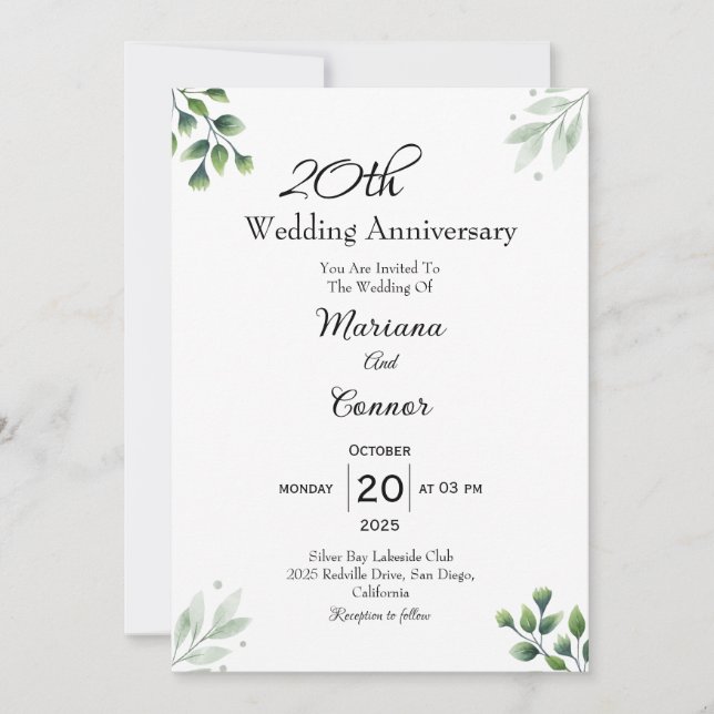 Green Leaf' Standard 20th Wedding Anniversary  Invitation (Front)