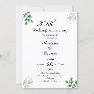 Green Leaf' Standard 20th Wedding Anniversary  Invitation
