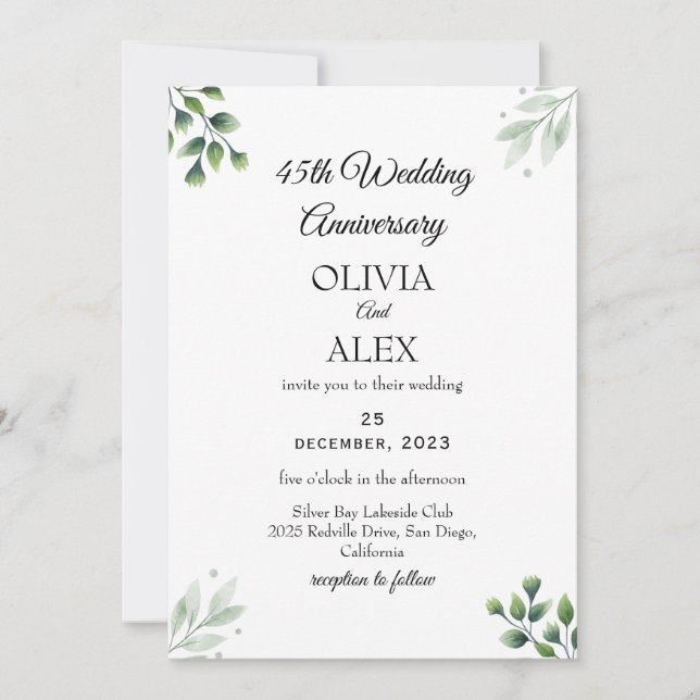 Green Leaf' Standard 45th Wedding Anniversary  Invitation (Front)