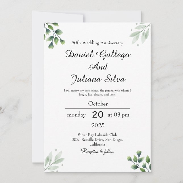 Green Leaf' Standard Wedding Anniversary  Invitation (Front)