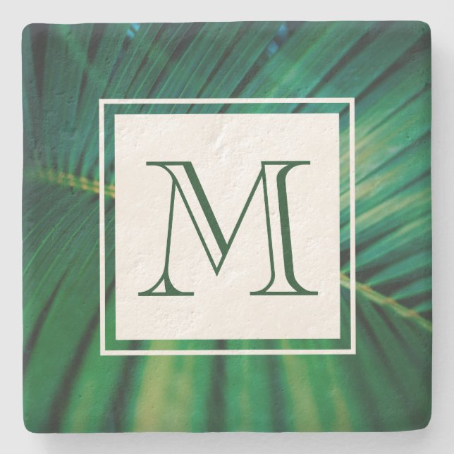Green Leaf Tropical Forest Nature Photo Monogram Stone Coaster (Front)