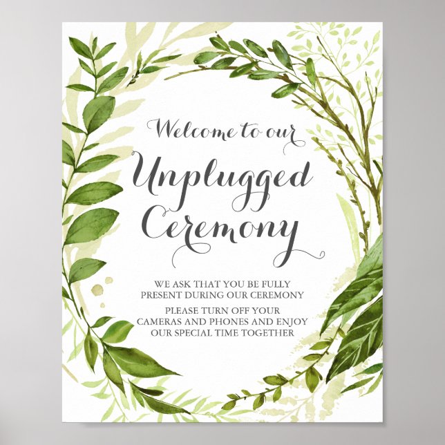 Green Leaf Unplugged Ceremony Sign Rustic Greenery (Front)