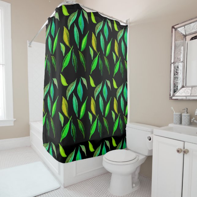 Green leaf watercolor eco art shower curtain (In Situ)