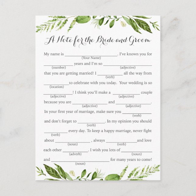 Green Leaf Wedding Advice Cards, Rustic Greenery Postcard (Front)