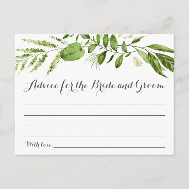 Green Leaf Wedding Advice Cards, Rustic Greenery Postcard (Front)
