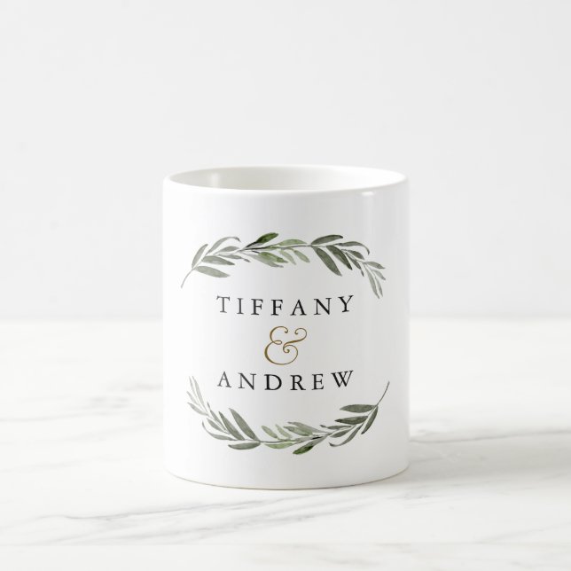 Green Leaf Wedding Engagement Anniversary Gift Coffee Mug (Center)