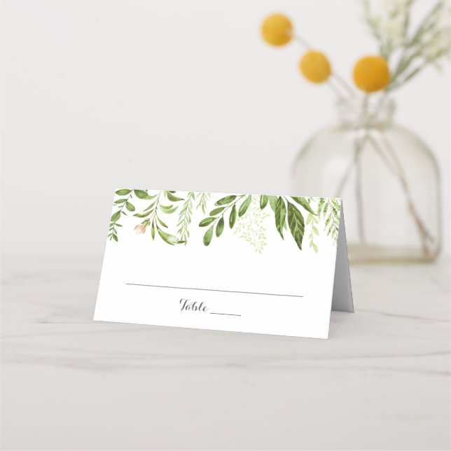 Green Leaf Wedding Folded Place Cards, Greenery Place Card (Front)