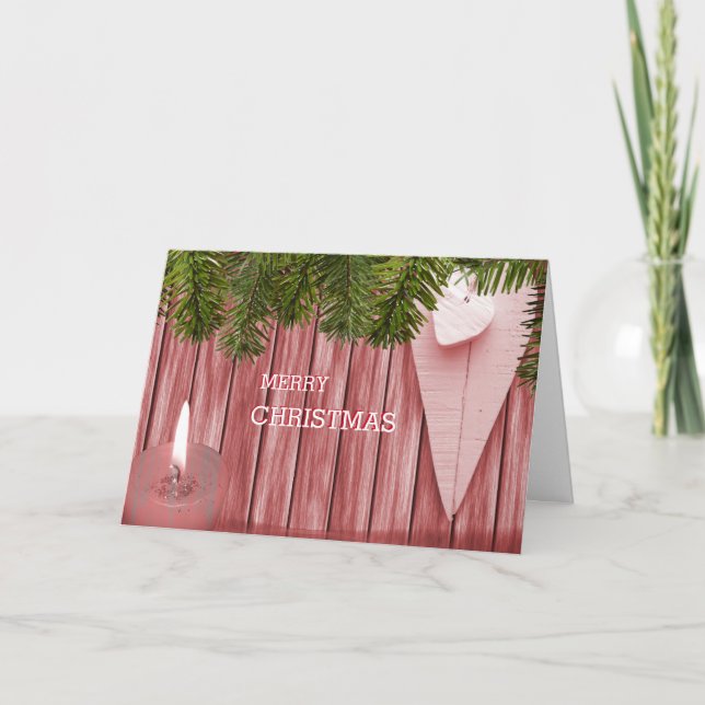 Green Leaf Wood Background with Heart Christmas Holiday Card (Front)