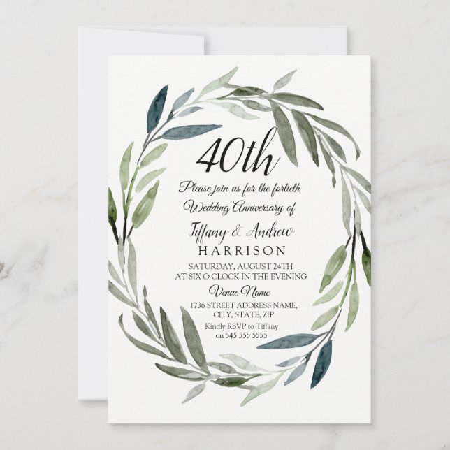 Green Leaf Wreath 40th Wedding Anniversary Invite (Front)
