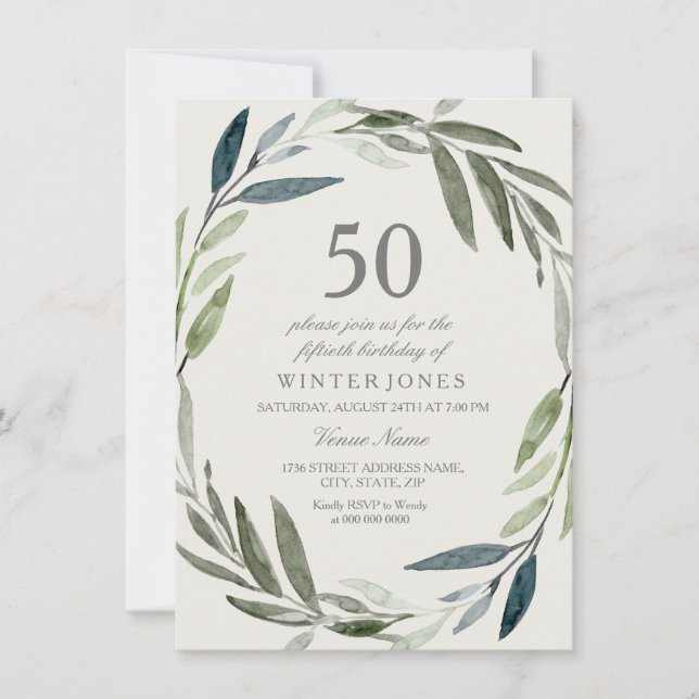 Green Leaf Wreath 50th Birthday Party Invitation (Front)