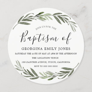 Green Leaf Wreath Boy Girl Baptism christening Invitation