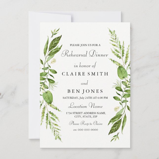Green Leaf Wreath Elegant Wedding Rehearsal Dinner Invitation (Front)