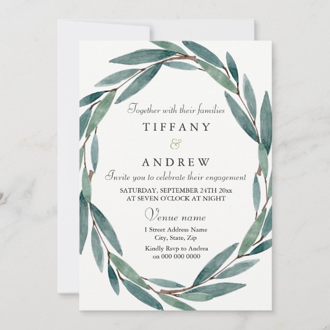 Green Leaf Wreath Engagement Party Invitation (Front)