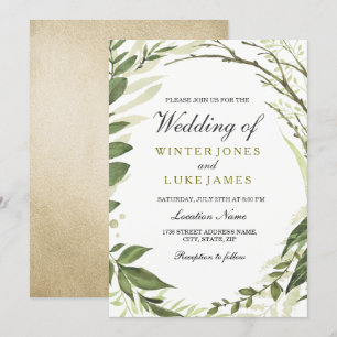 Green Leaf Wreath f Gold Foil Wedding Invite