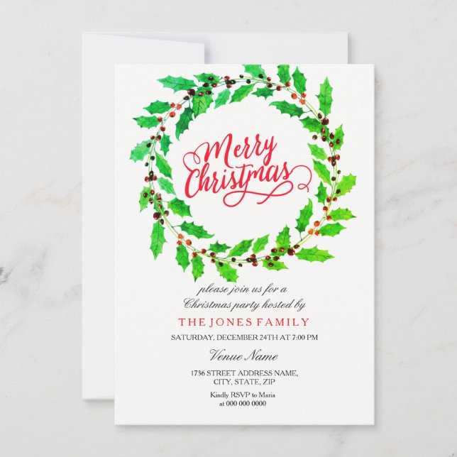 Green Leaf Wreath Family Christmas Party Invite (Front)