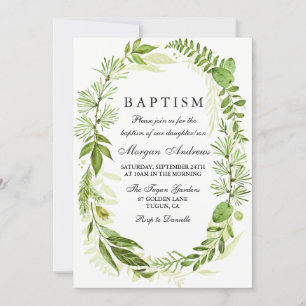 Green Leaf Wreath Girl or Boy Baptism Invitation