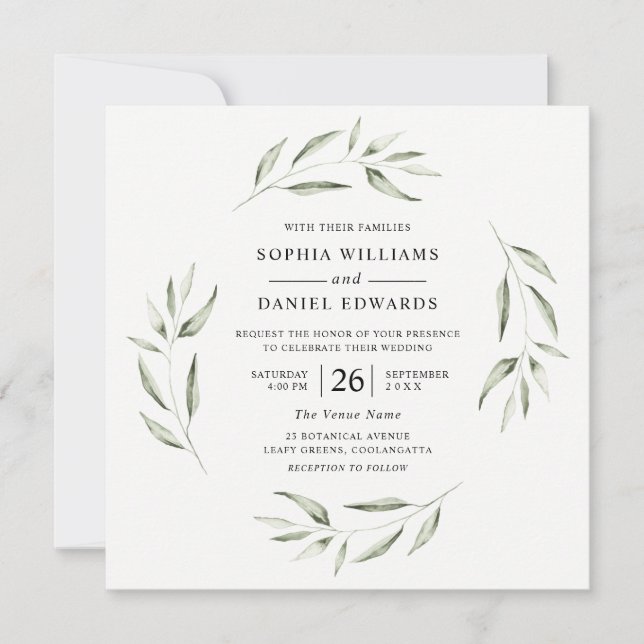 Green Leaf Wreath Greenery Summer Wedding Invitation (Front)