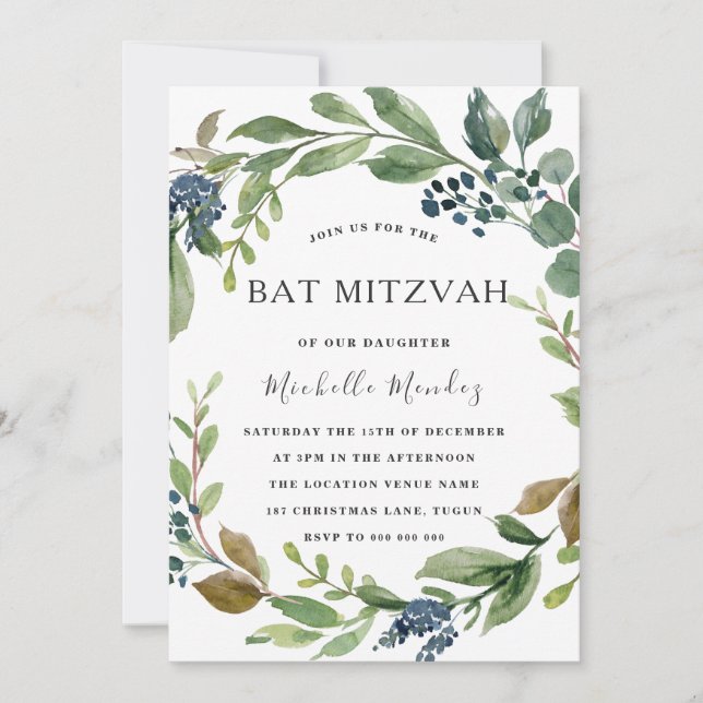 Green Leaf Wreath Modern Bat Mitzvah Bar Mitzvah Invitation (Front)