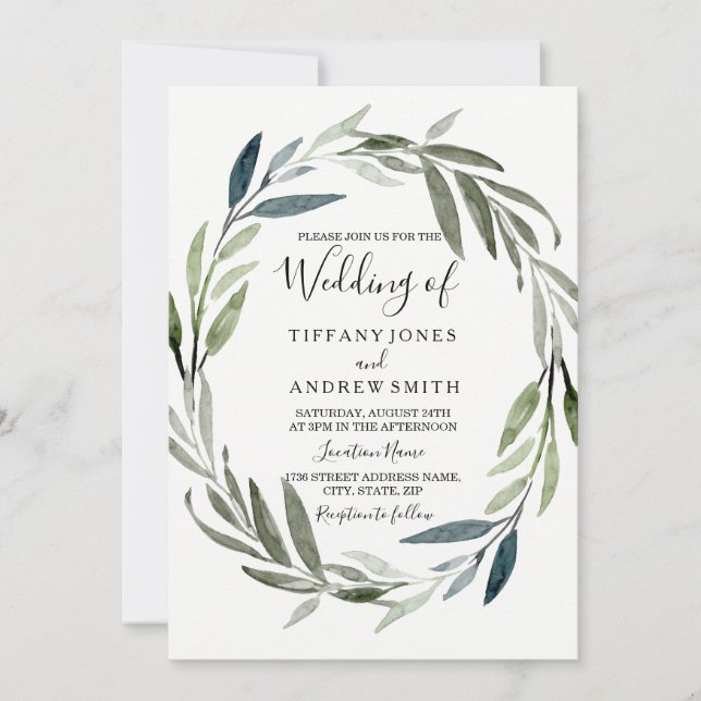 Green Leaf Wreath Modern Spring Wedding Invite (Front)
