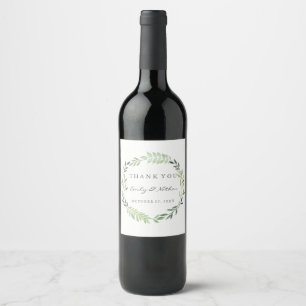 Green Leaf Wreath Thank You Wedding Wine Label