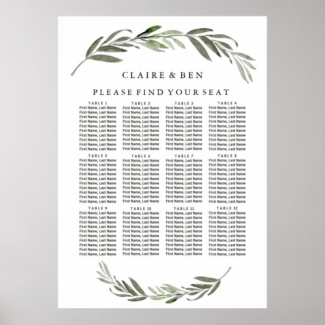 Green Leaf Wreath Wedding Seating Chart (Front)