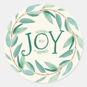 Green leafs Christmas Wreath Joy Text Template Classic Round Sticker