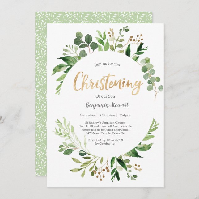 Green Leafy Christening Invitation (Front/Back)