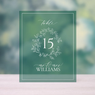 Green Leafy Crest Monogram Wedding Table Number Acrylic Sign