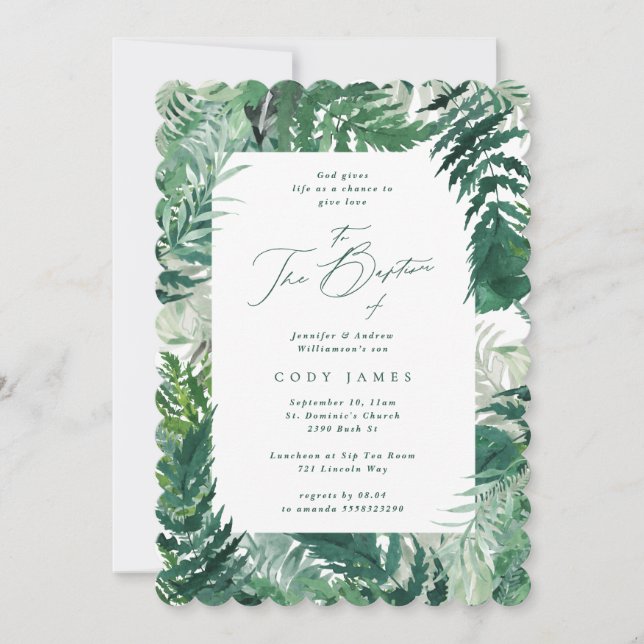 Green Leafy Elegant Botanical Frame Baptism Photo Invitation (Front)