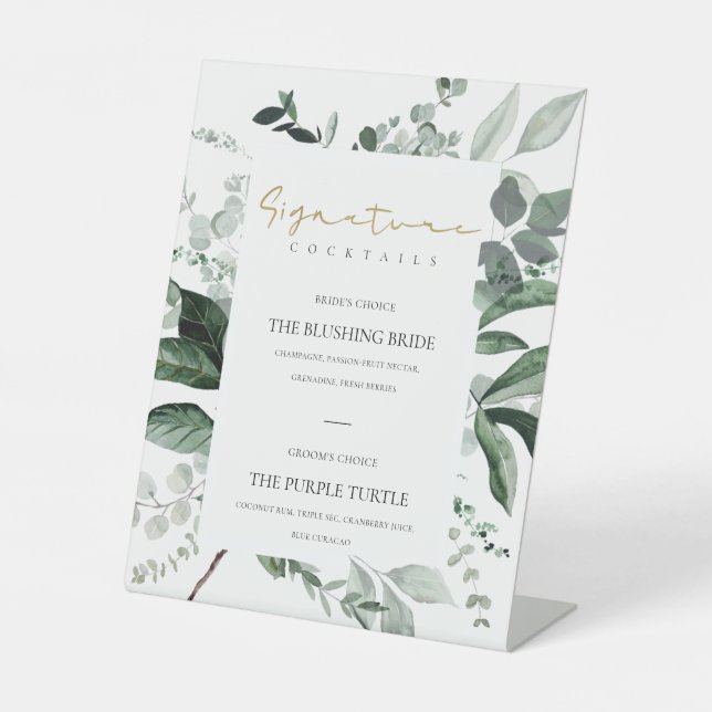 Green Leafy Foliage Signature Drinks Cocktails Pedestal Sign (Front)