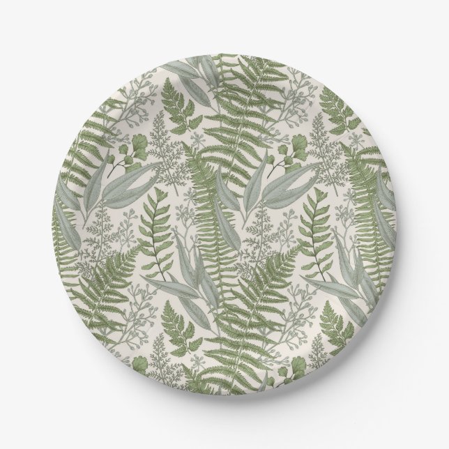 Green Leafy Garden Floral Pattern Paper Plate (Front)