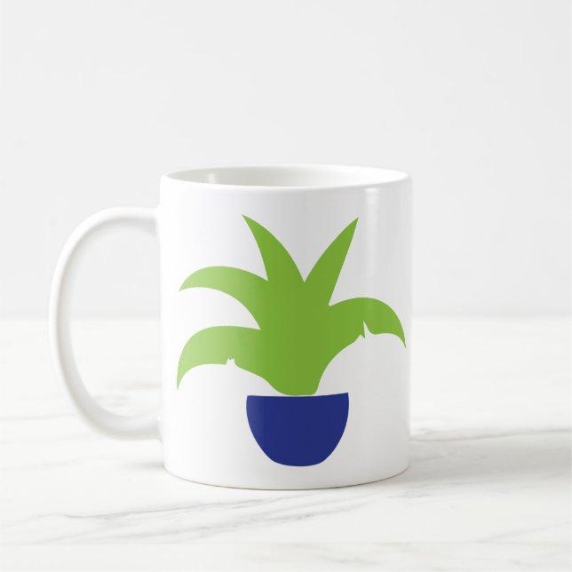 Green Leafy Plant in Blue Pot Illustration Coffee Mug (Left)