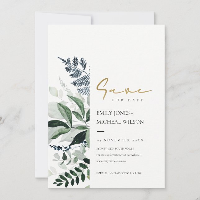 Green Leafy Tropical Foliage Save The Date Invite (Front)