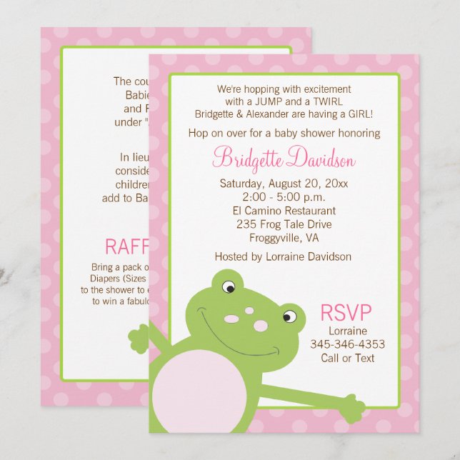 Green Leap Frog Girl Pink Baby Shower Invitation (Front/Back)
