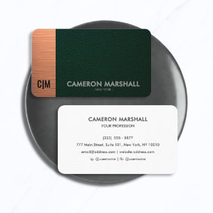 Green Leather and Copper Monogram with White Back Business Card