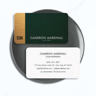 Green Leather and  Gold Monogram with White Back  Business Card