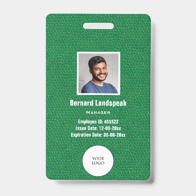 Green Leather & Employee Photo & Logo, Bar code ID Badge (Front)