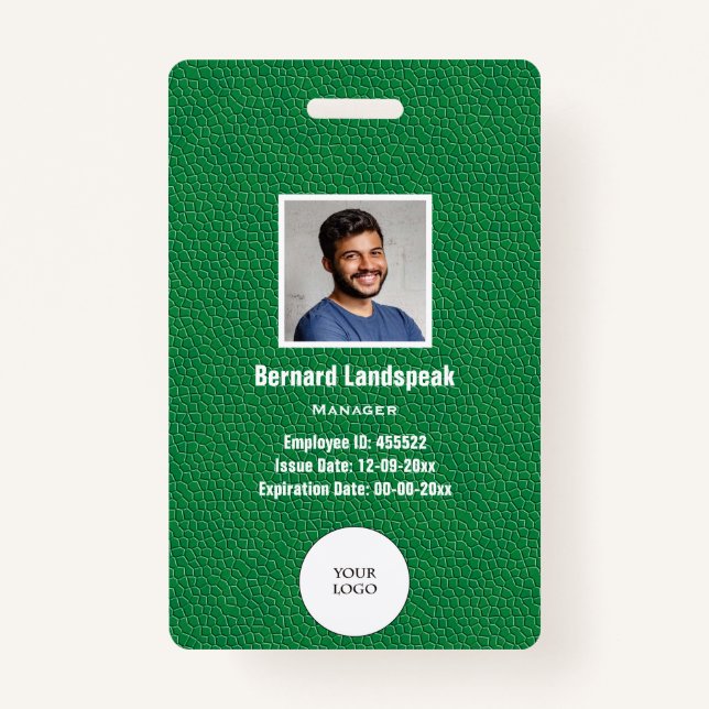 Green Leather & Employee Photo & Logo, Bar code ID Badge (Front)