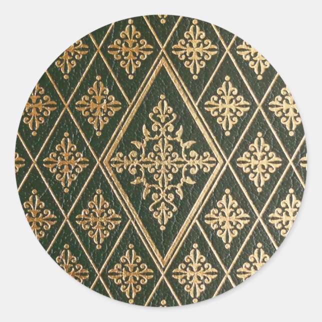 Green Leather Gold Embossed Pattern Classic Round Sticker (Front)