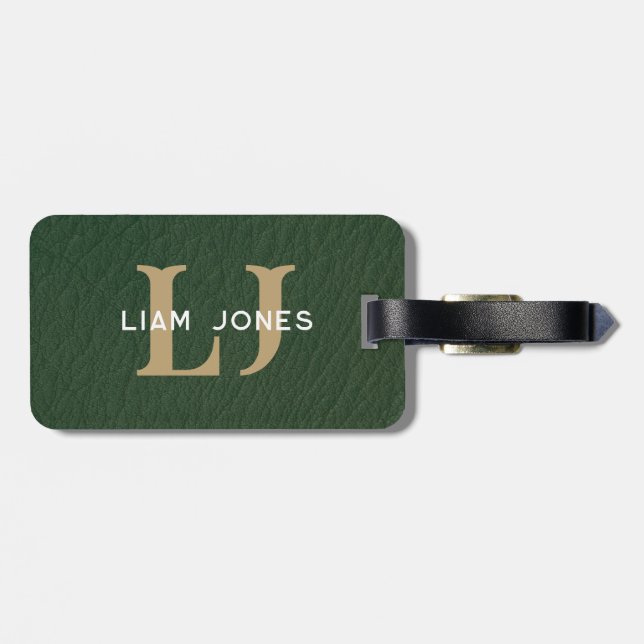 Green Leather Initials Monogrammed Modern Vintage Luggage Tag (Back Horizontal)