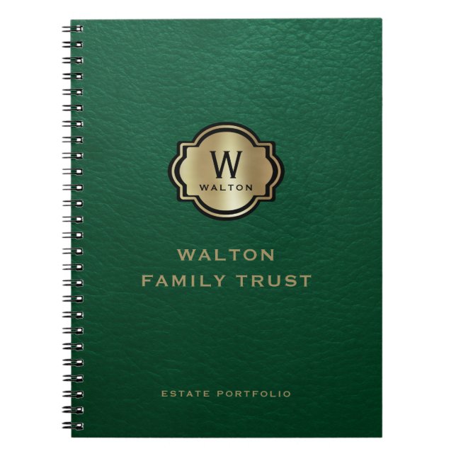 Green Leather Look Gold Monogram Family Trust Notebook (Front)