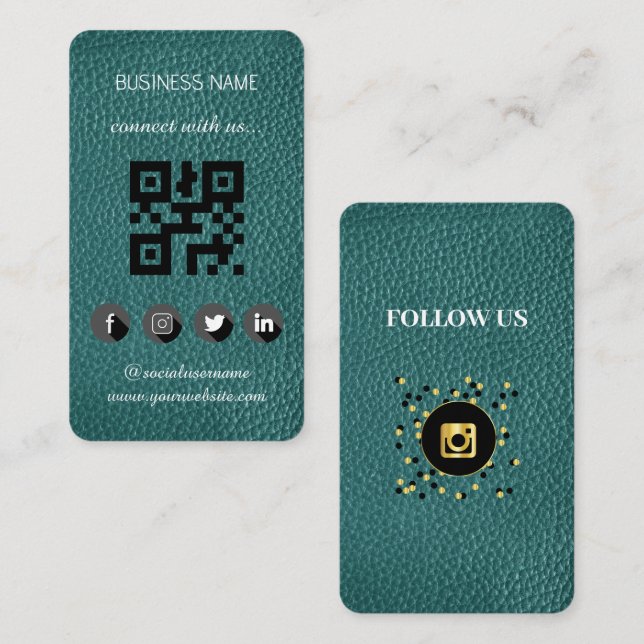Green leather  -Social Media QR Code  Business Card (Front/Back)