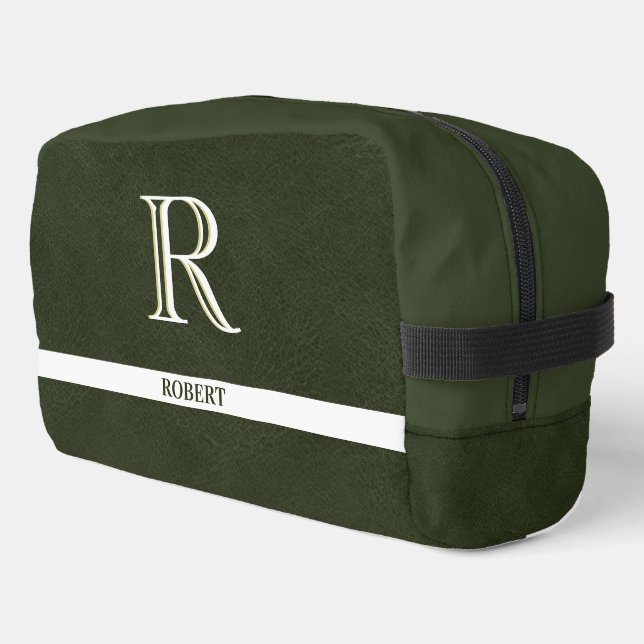 Green Leather Texture Trim White Monogram Name   Dopp Kit (Left Corner)