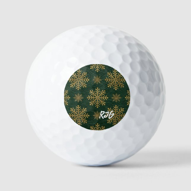 Green Leather Tooled with Gold Snowflakes Initials Golf Balls (Front)