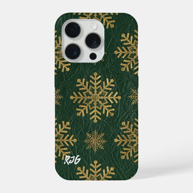 Green Leather Tooled with Gold Snowflakes Initials iPhone Case (Back)