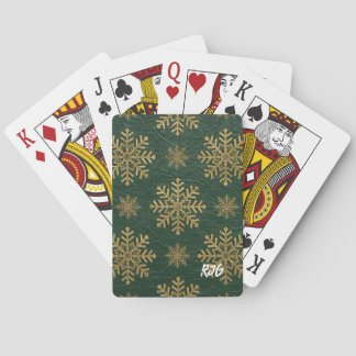 Green Leather Tooled with Gold Snowflakes Initials Playing Cards